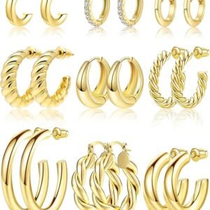 9 Pairs Gold Hoop Earrings Set for Womens